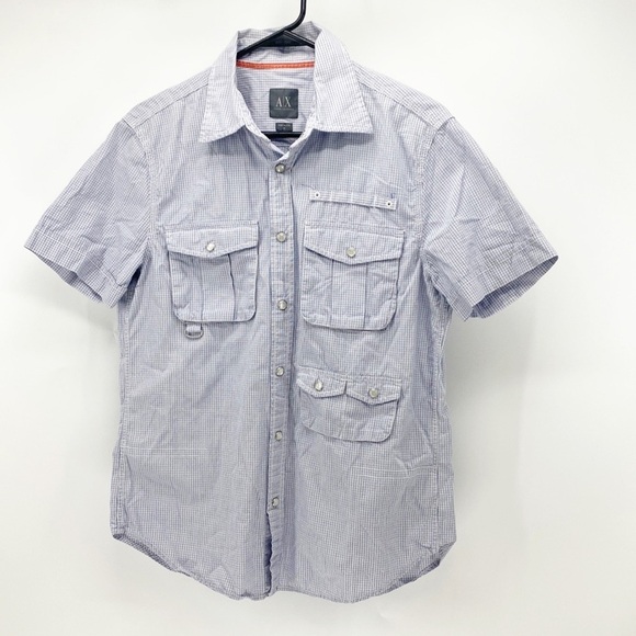 AX Armani Exchange mini plaid short sleeve snap button blue white - Picture 1 of 5